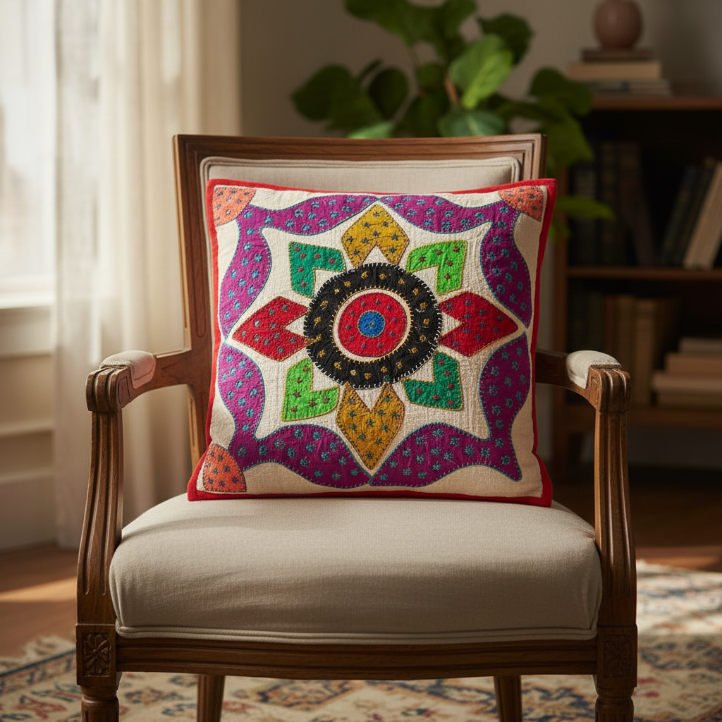 Decorative pillow with a colorful pattern on a wooden chair in a room setting.