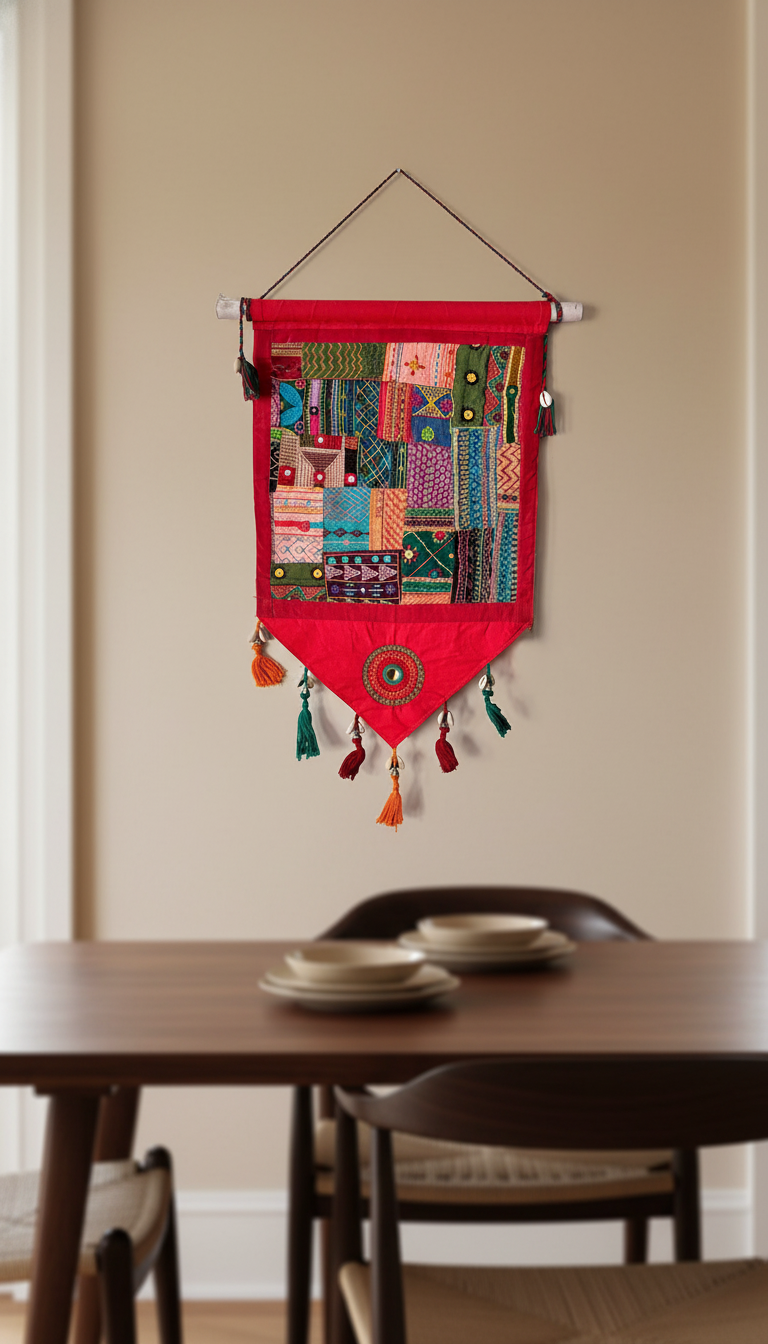 Decorative wall hanging with colorful patterns on a beige wall above a wooden table.