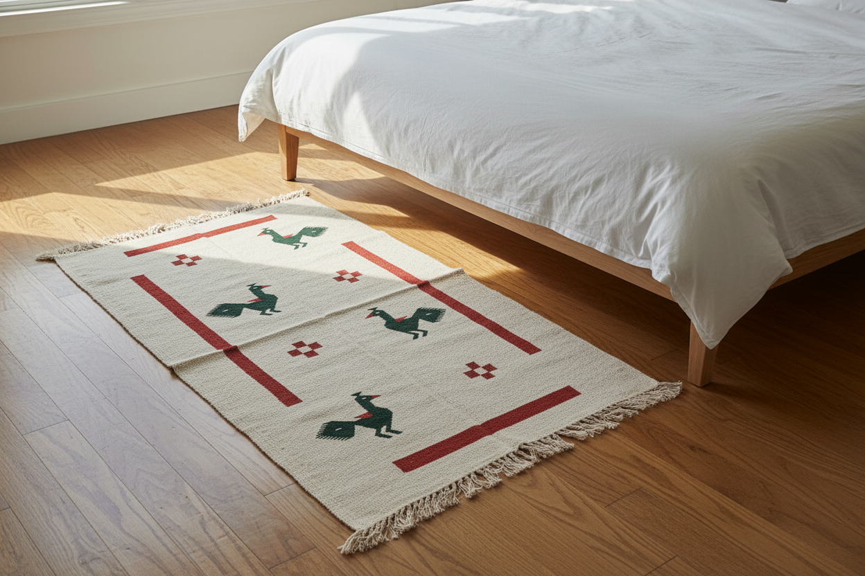 A cream-colored handwoven Navalgund area rug with red stripes and green llama motifs, laid out on a wooden floor next to a bed with white bedding.