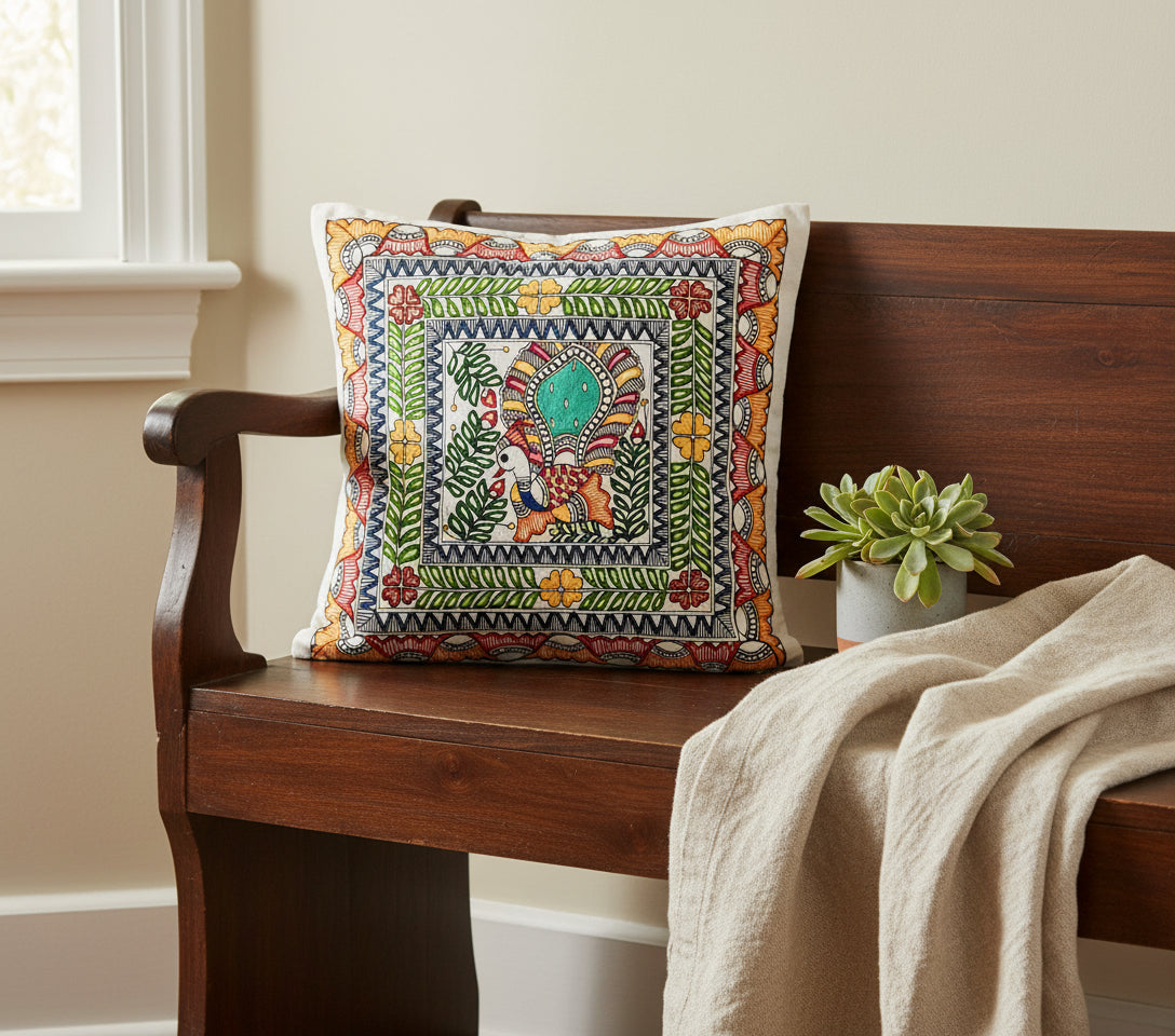 Decorative square cushion cover in Madhubani art with intricate patterns and a central design on a wooden surface