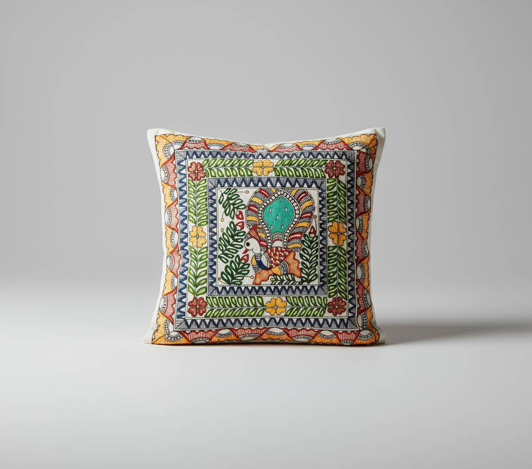 Decorative pillow with colorful patterns on a gray background