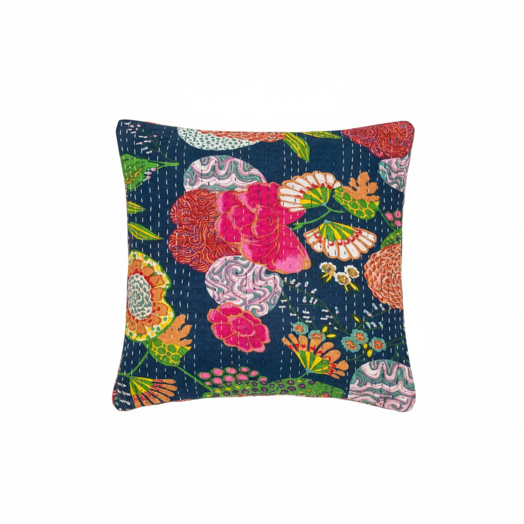 Decorative pillow with colorful floral pattern on a white background