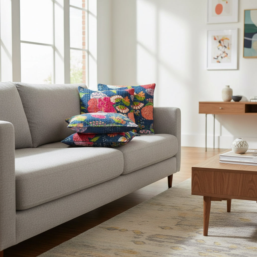 Colorful floral patterned fabric on a dark surface