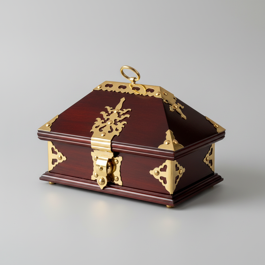 Decorative rosewood Netturpeti jewelry box with gold accents on a gray background