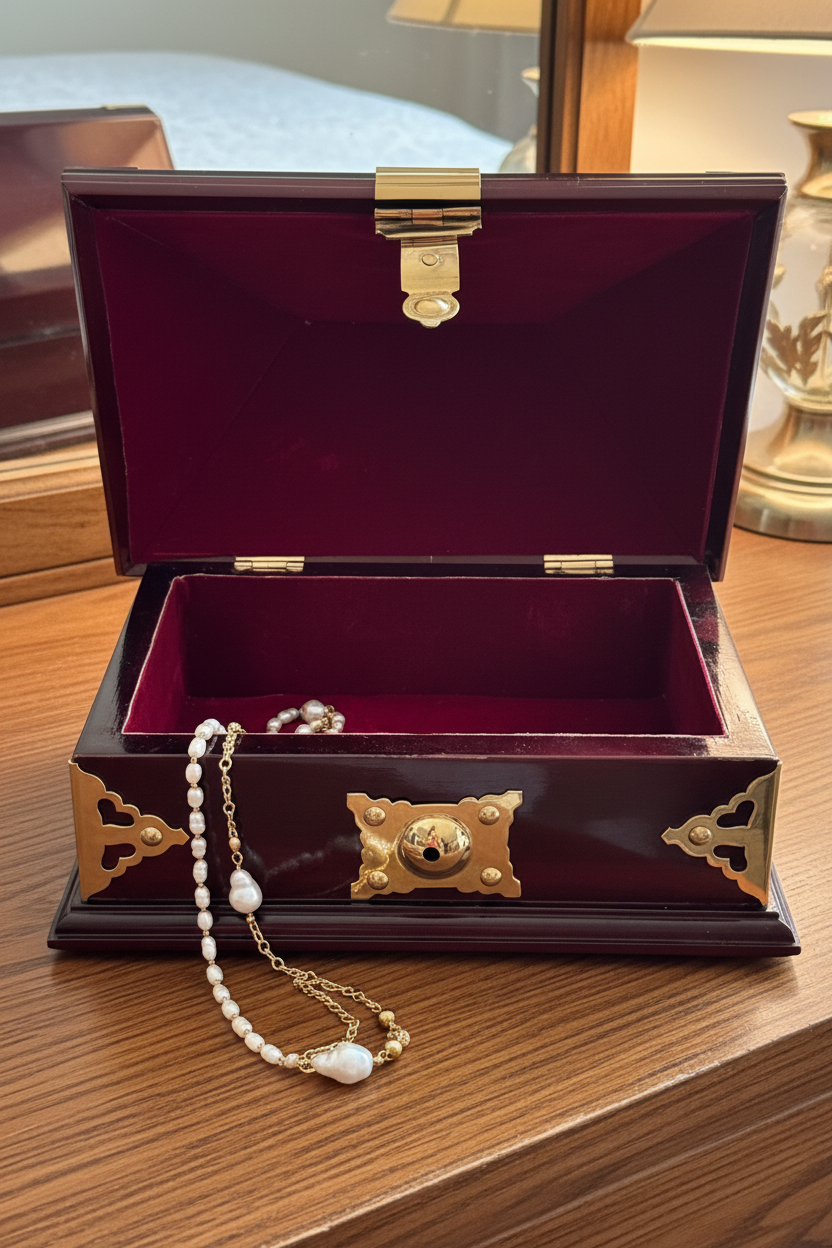 Rosewood  Netturpeti jewelry box with gold accents on a wooden surface