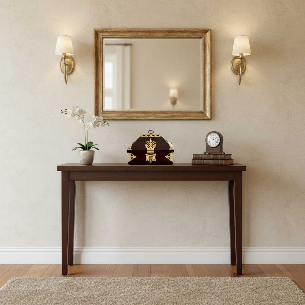 Rosewood Netturpeti on a wooden console table with decorative items against a beige wall with a mirror and lamps.