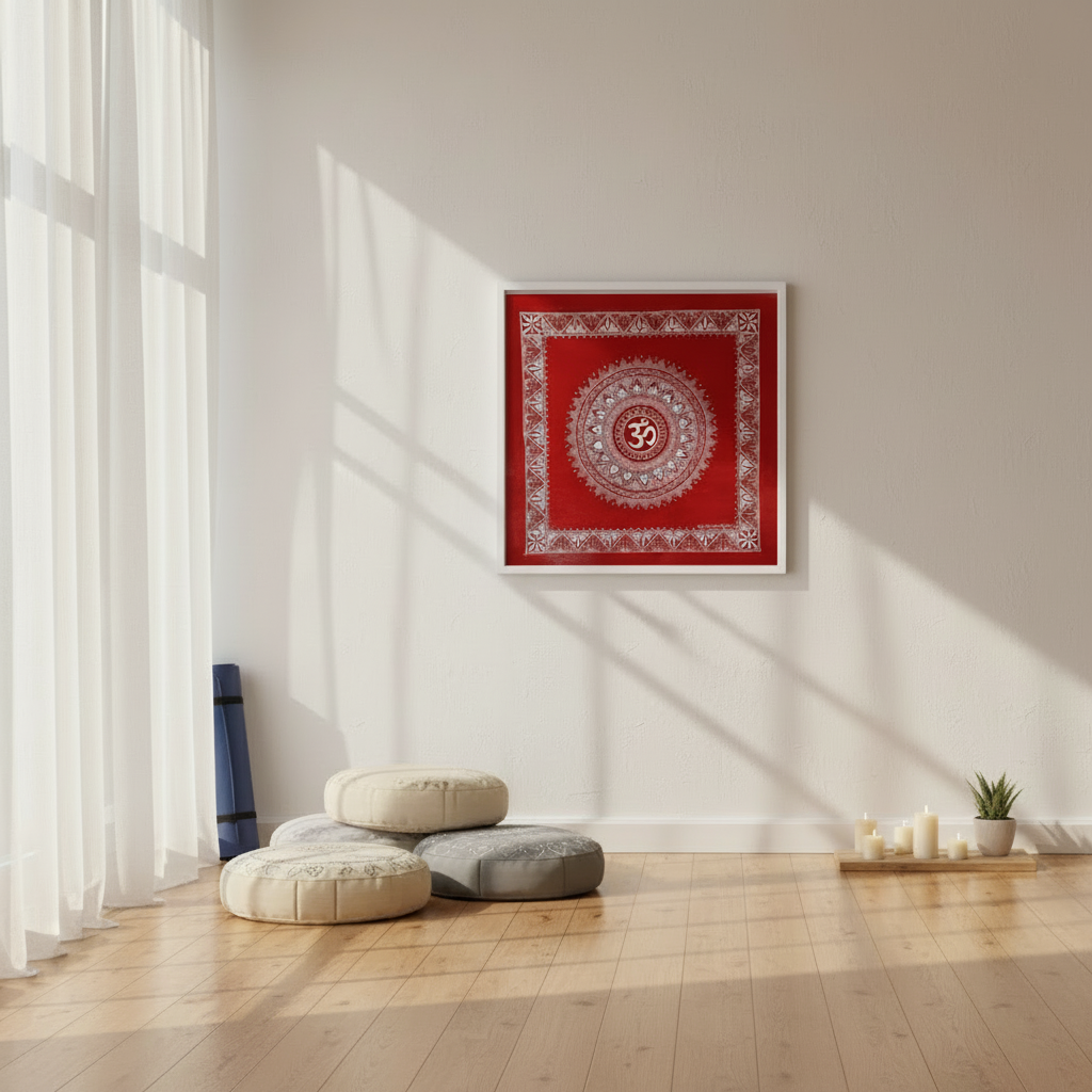 Red mandala tapestry on a wall in a bright room with cushions and a plant.