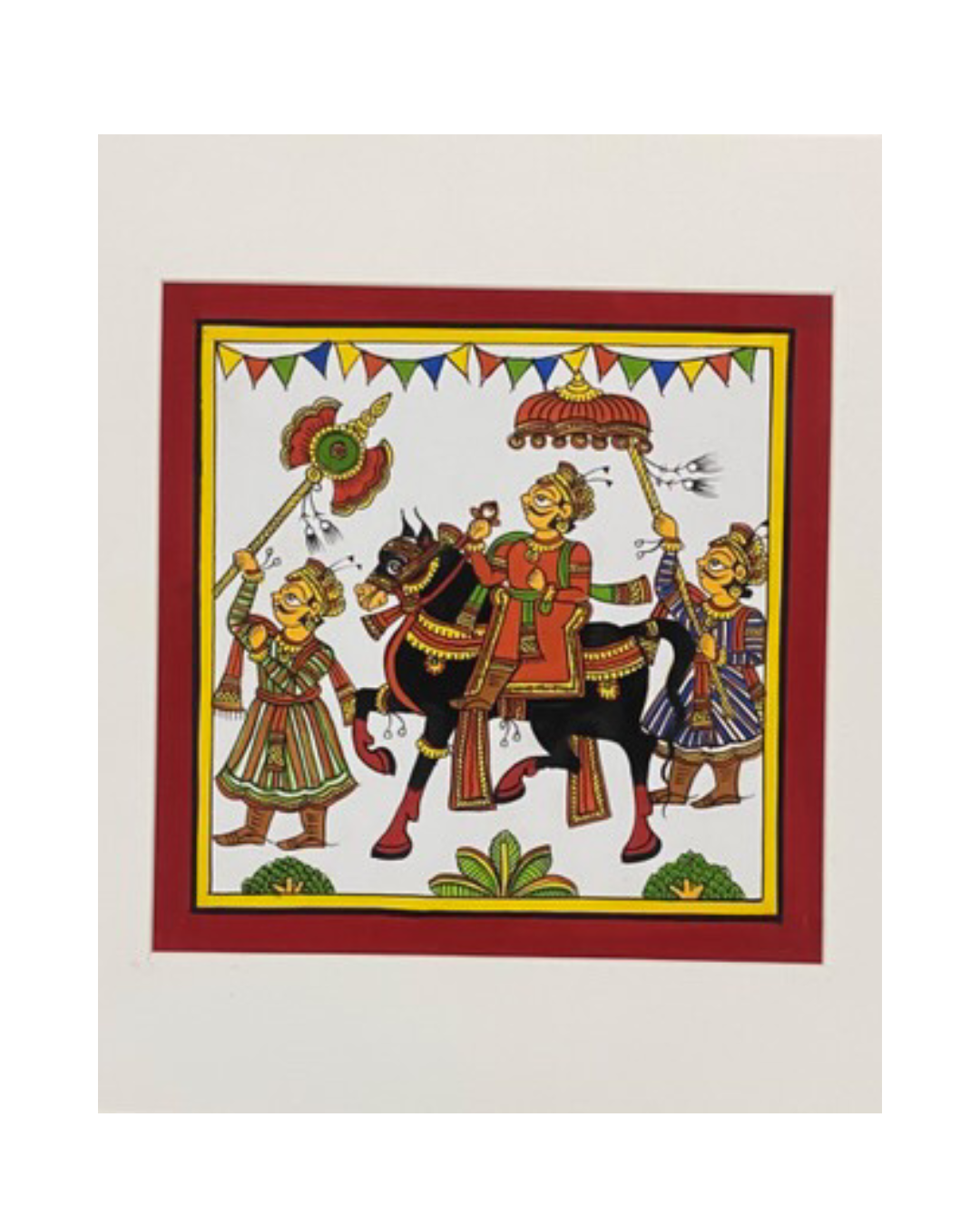 Decorative painting of a traditional scene with figures and a horse, framed in red.