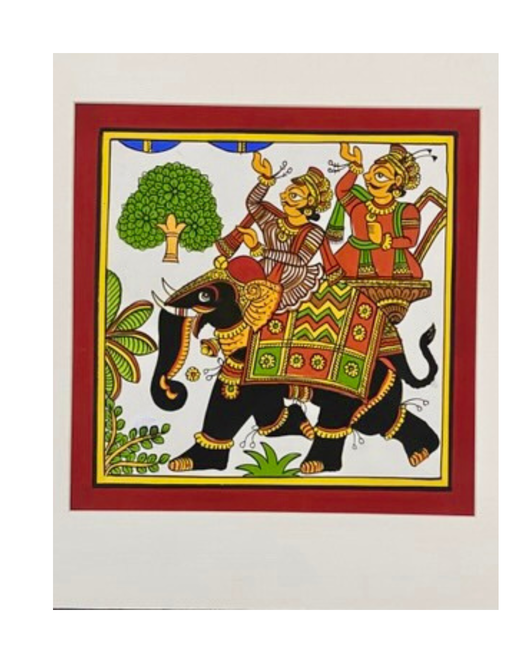 Decorative painting of two people on an elephant with a red border