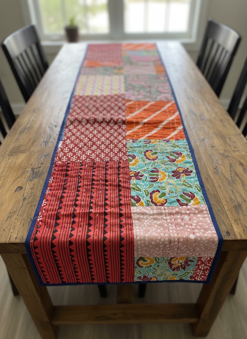Colorful patchwork table runner on a wooden dining table with chairs.