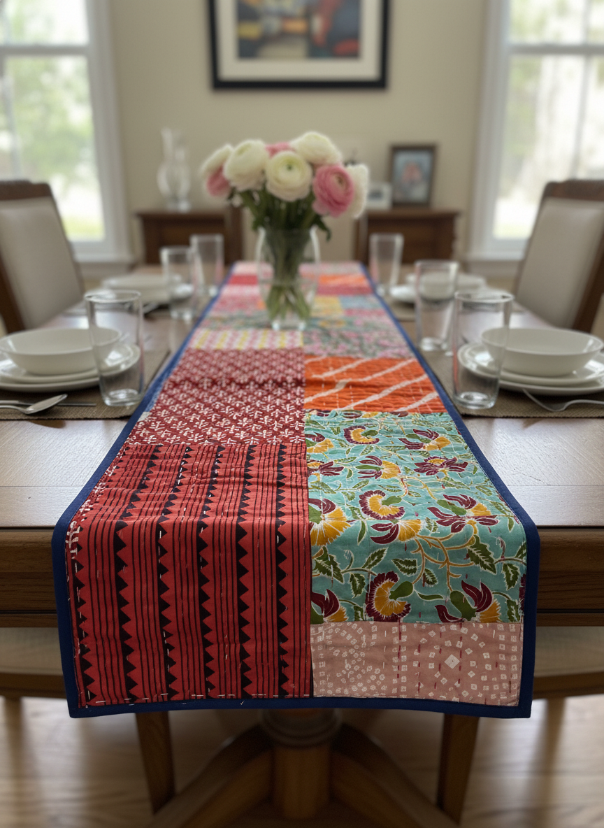 Dining table with a colorful patchwork table runner, flowers, and settings.
