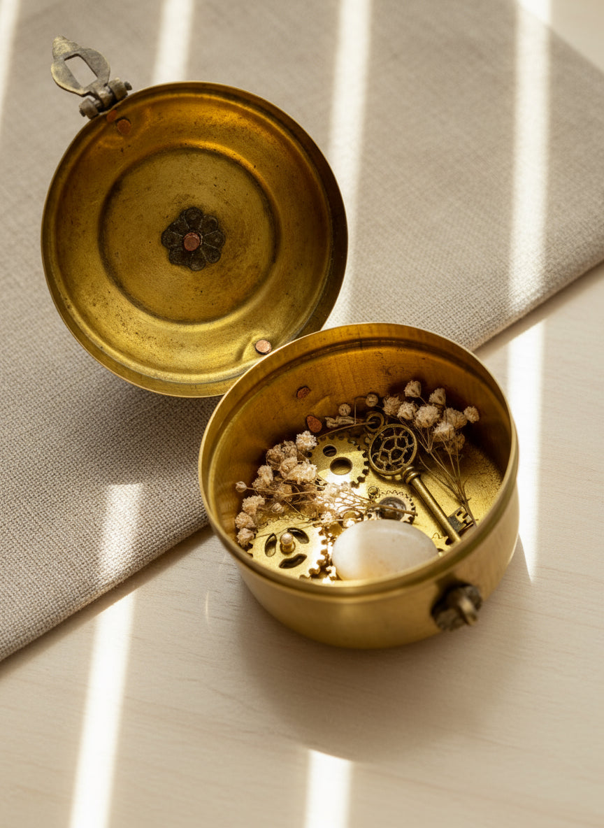 Brass round container with open lid on a sunlit background 