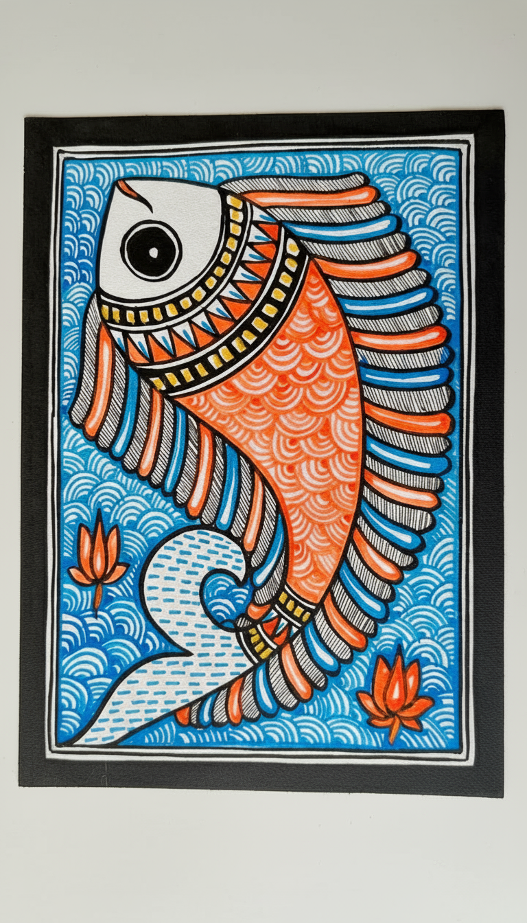 Colorful fish illustration on a blue background with wavy patterns, framed in black.