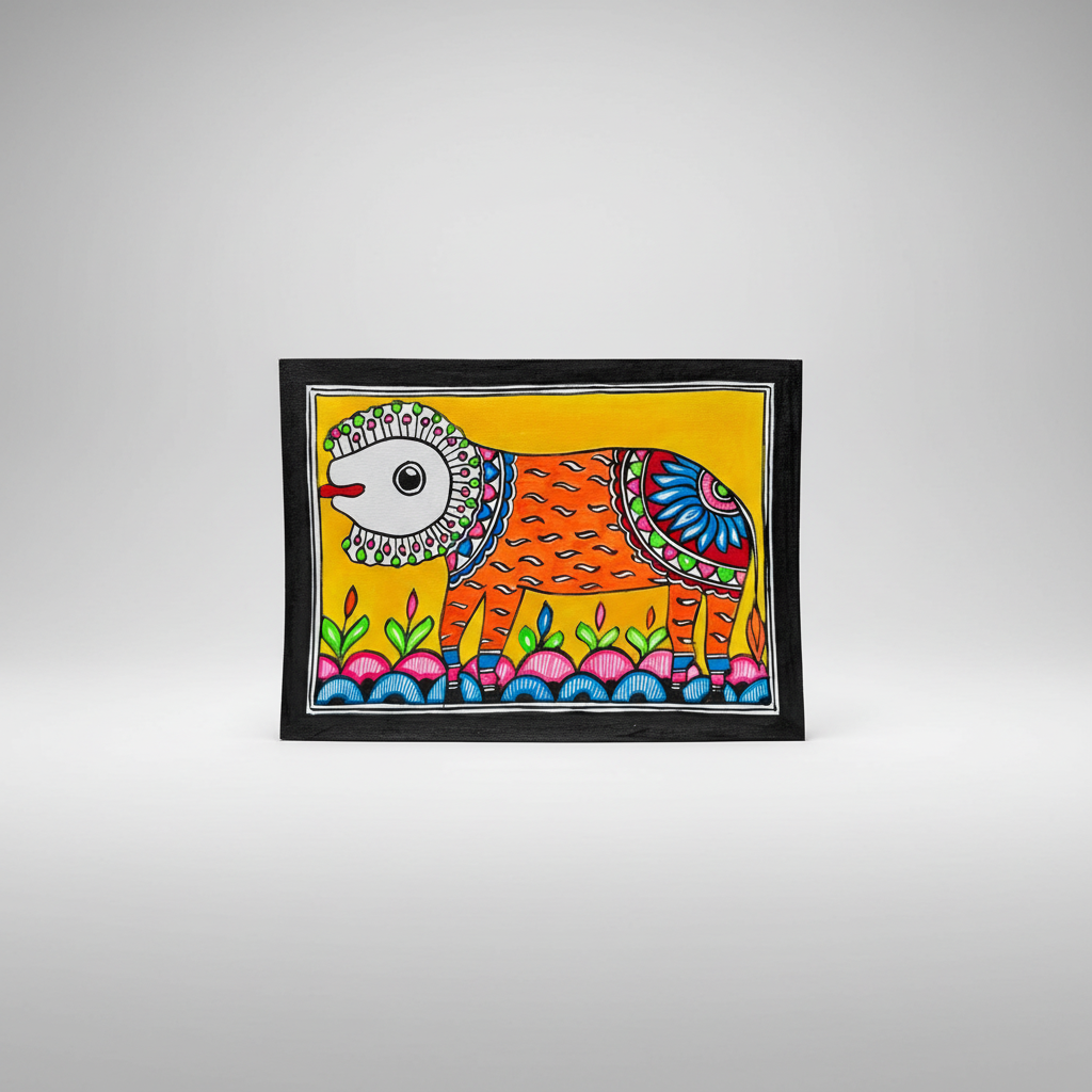 Colorful animal artwork on a yellow background with a black frame.