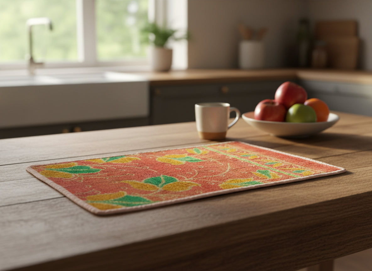 Kantha work placemats with leaf pattern on a dark background