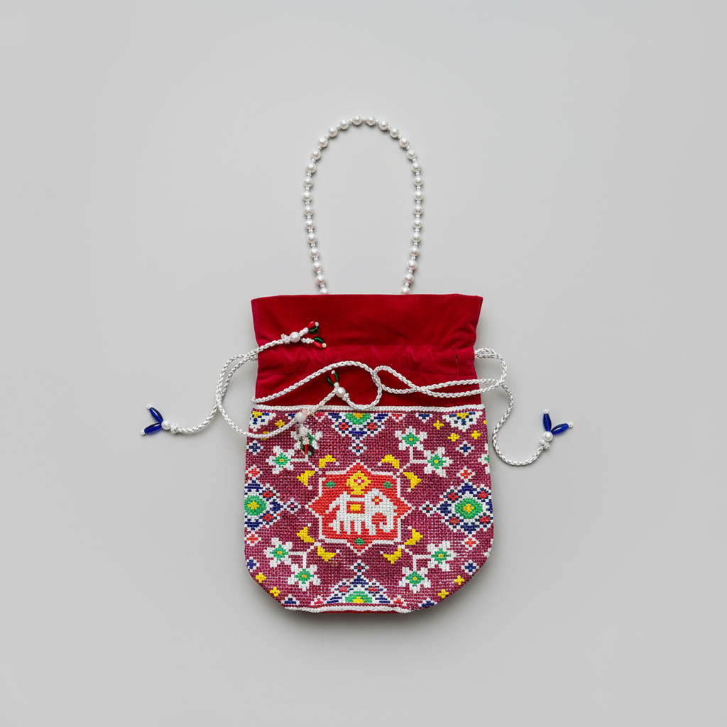 Small red pouch with colorful embroidery on a gray background