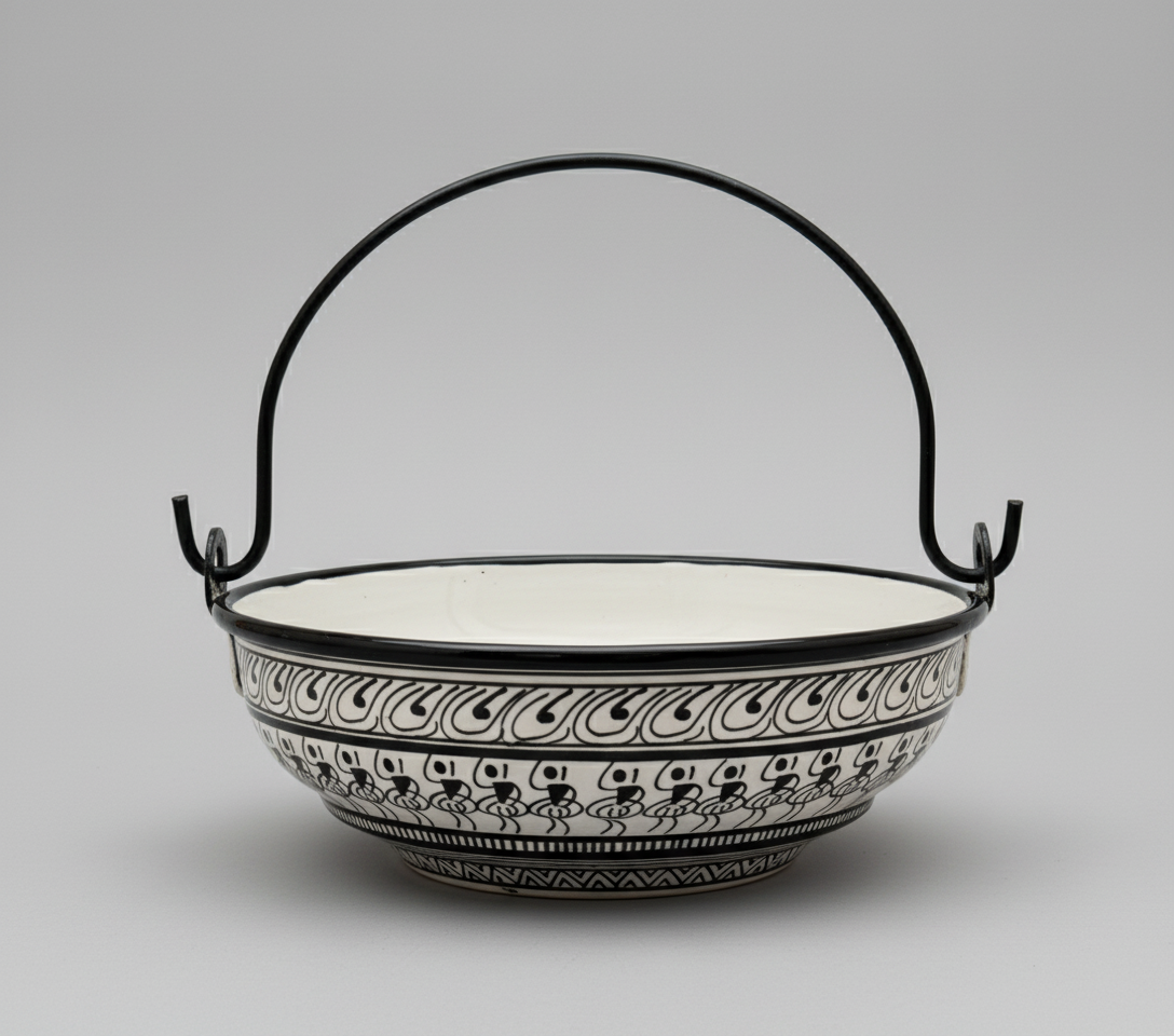 Decorative bowl with black handle on a gray background