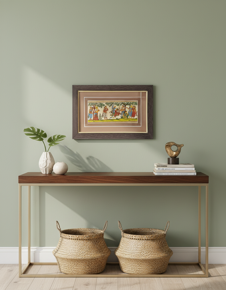 Wooden console table with decorative items against a green wall