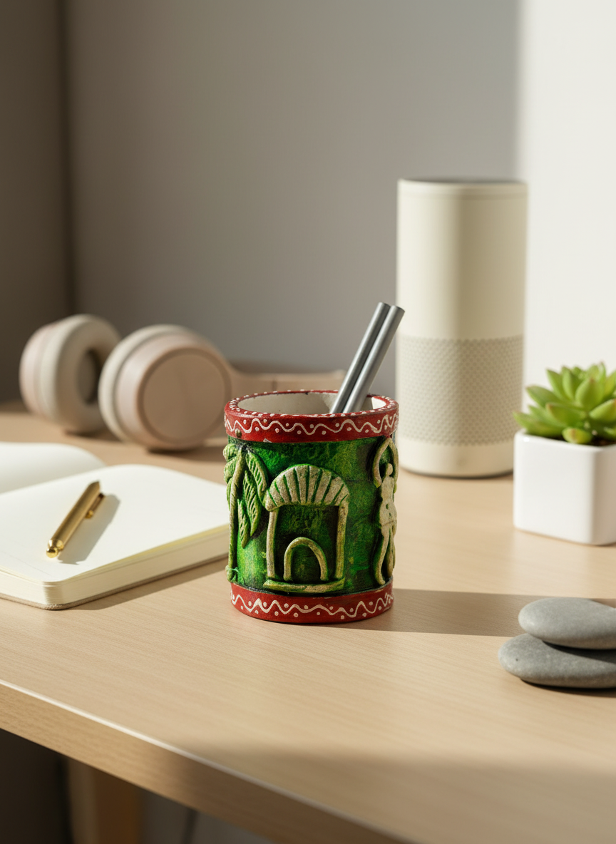 Decorative green pen holder on a desk with office items in the background