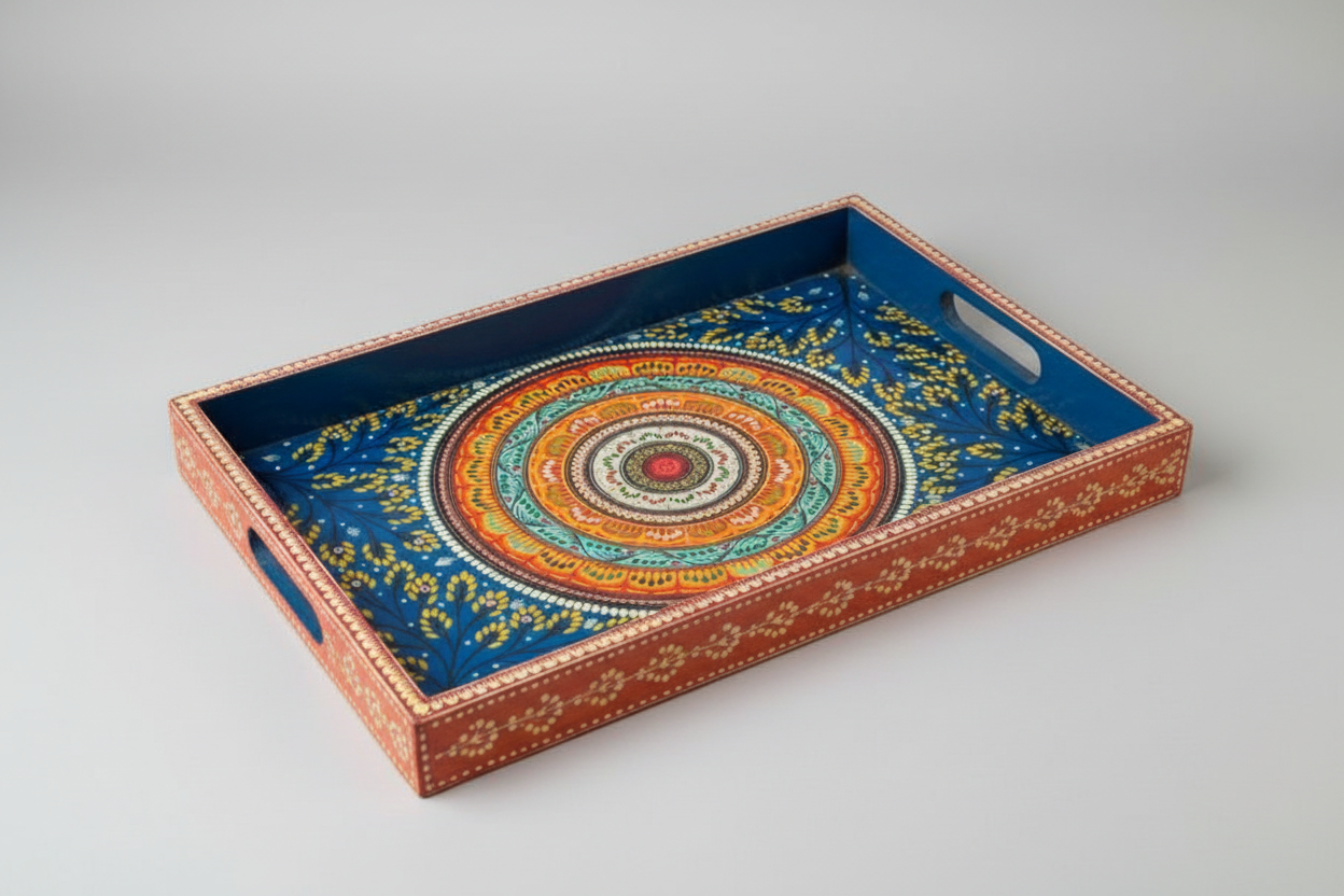 Decorative tray with a colorful mandala design on a gray background
