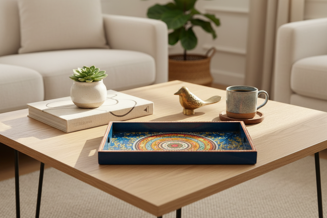 Decorative tray on a coffee table with other decor