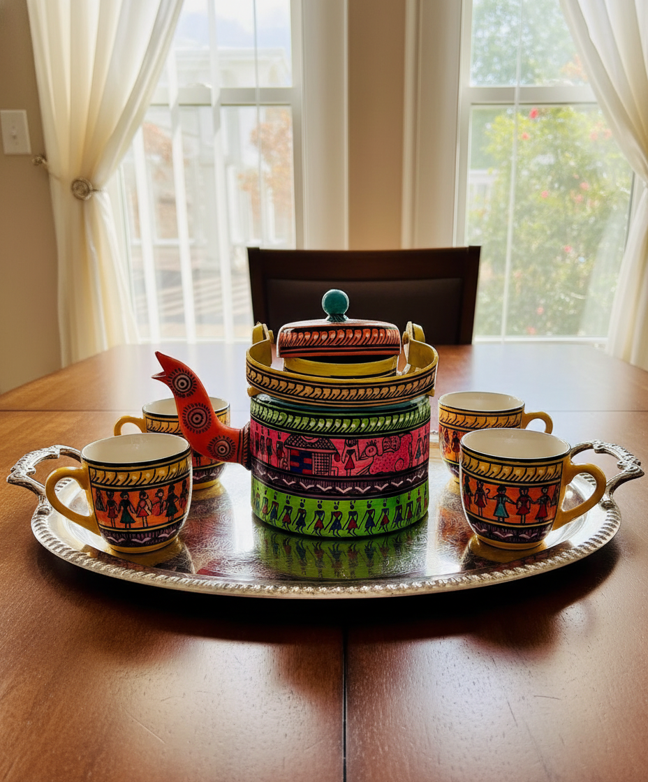 Colorful tea set with cups and a pot on a tray in a room with large windows.