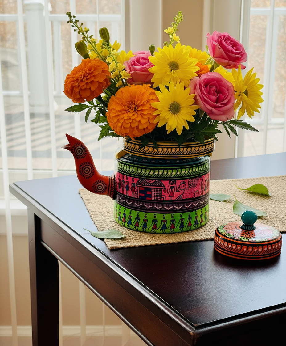 Decorative vase with colorful floral arrangement on a table