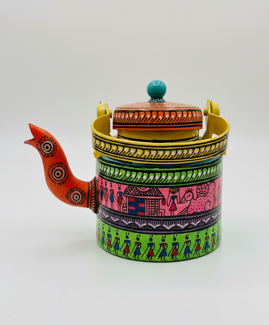 Colorful teapot with intricate patterns on a white background