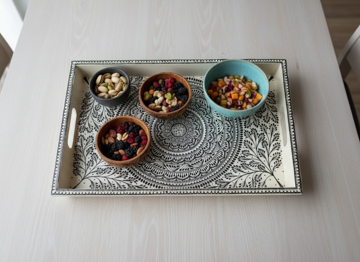 Decorative tray with bowls full of nuts