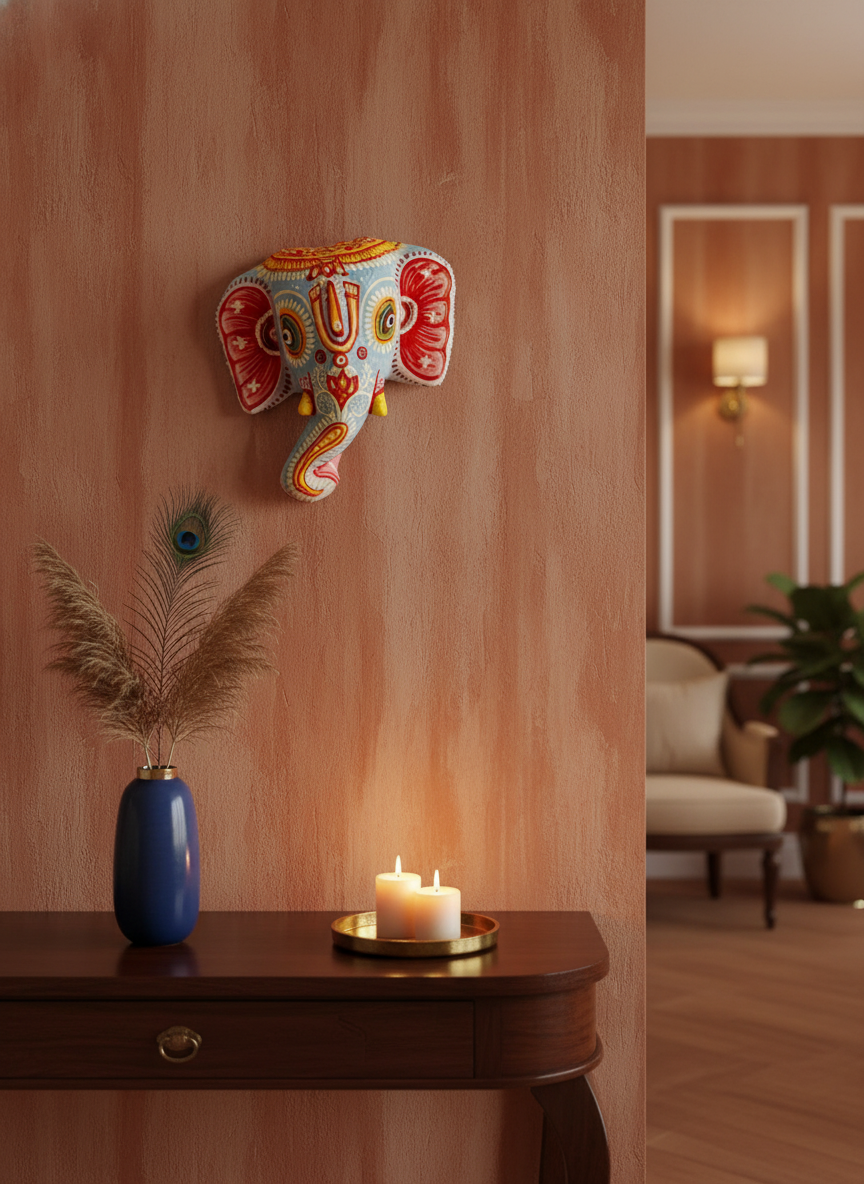 Decorative elephant head on a wall above a wooden table with a vase and candles.