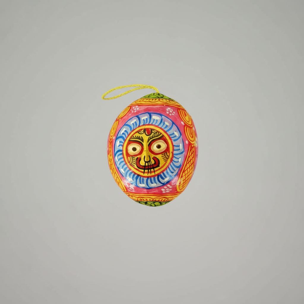 Colorful decorative egg with a face design on a gray background