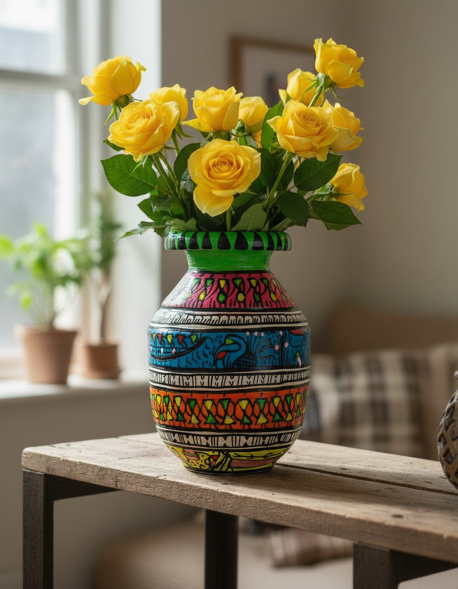 Decorative vase with colorful patterns holding yellow flowers on a wooden table.