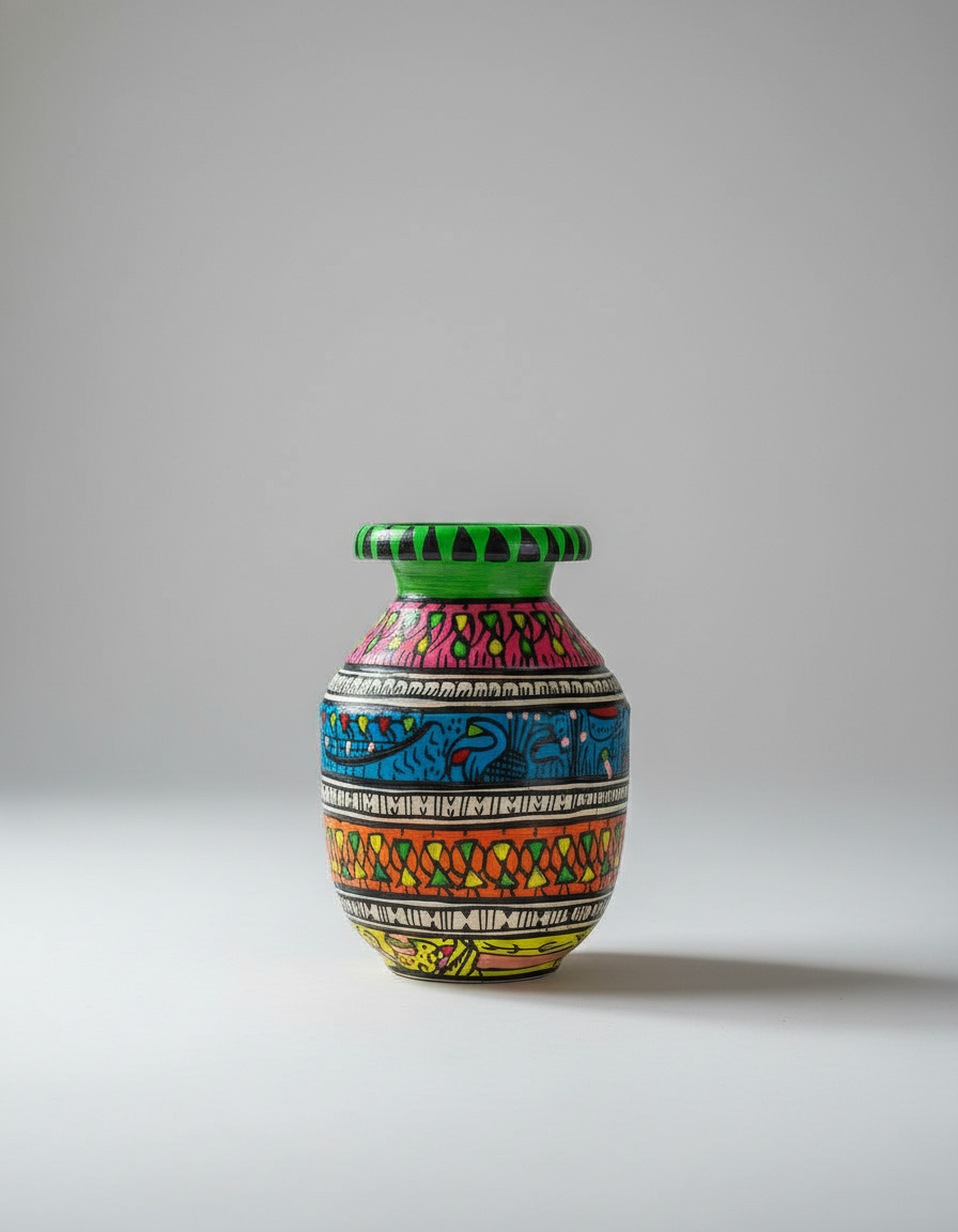 Colorful patterned vase on a gray background
