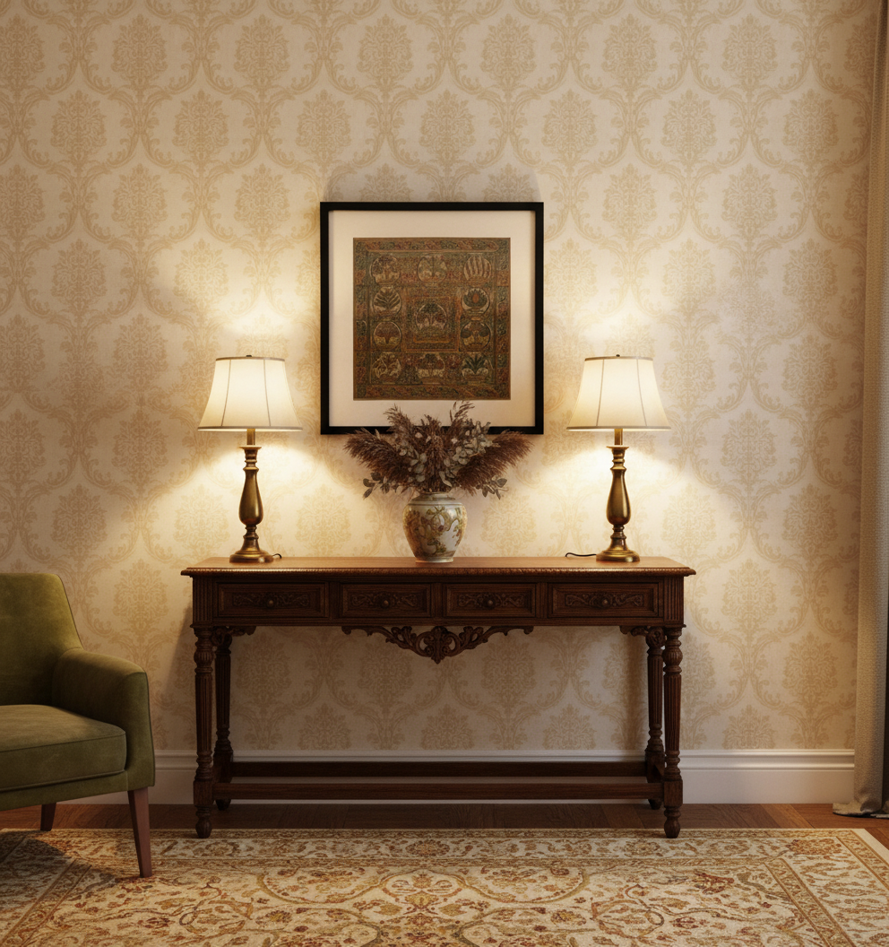 Decorative interior with a wooden console table, lamps, and framed artwork against a patterned wall.