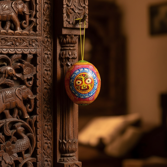 Colorful Pattachitra art hand painted on a coconut with a face design hanging from a wooden carved door.