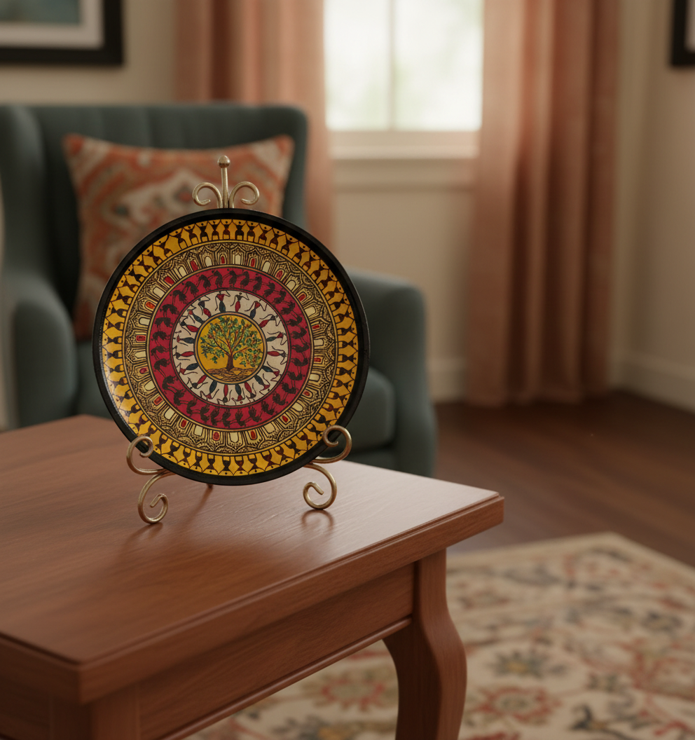 Decorative plate with intricate design on a stand in a room with furniture and curtains.