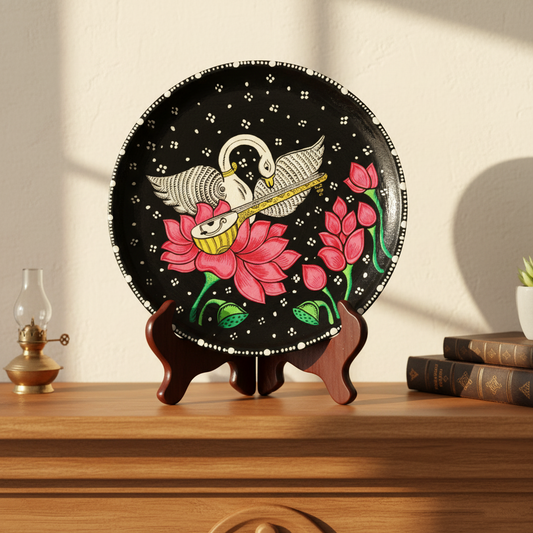 Decorative plate with swan and lotus design on a wooden stand