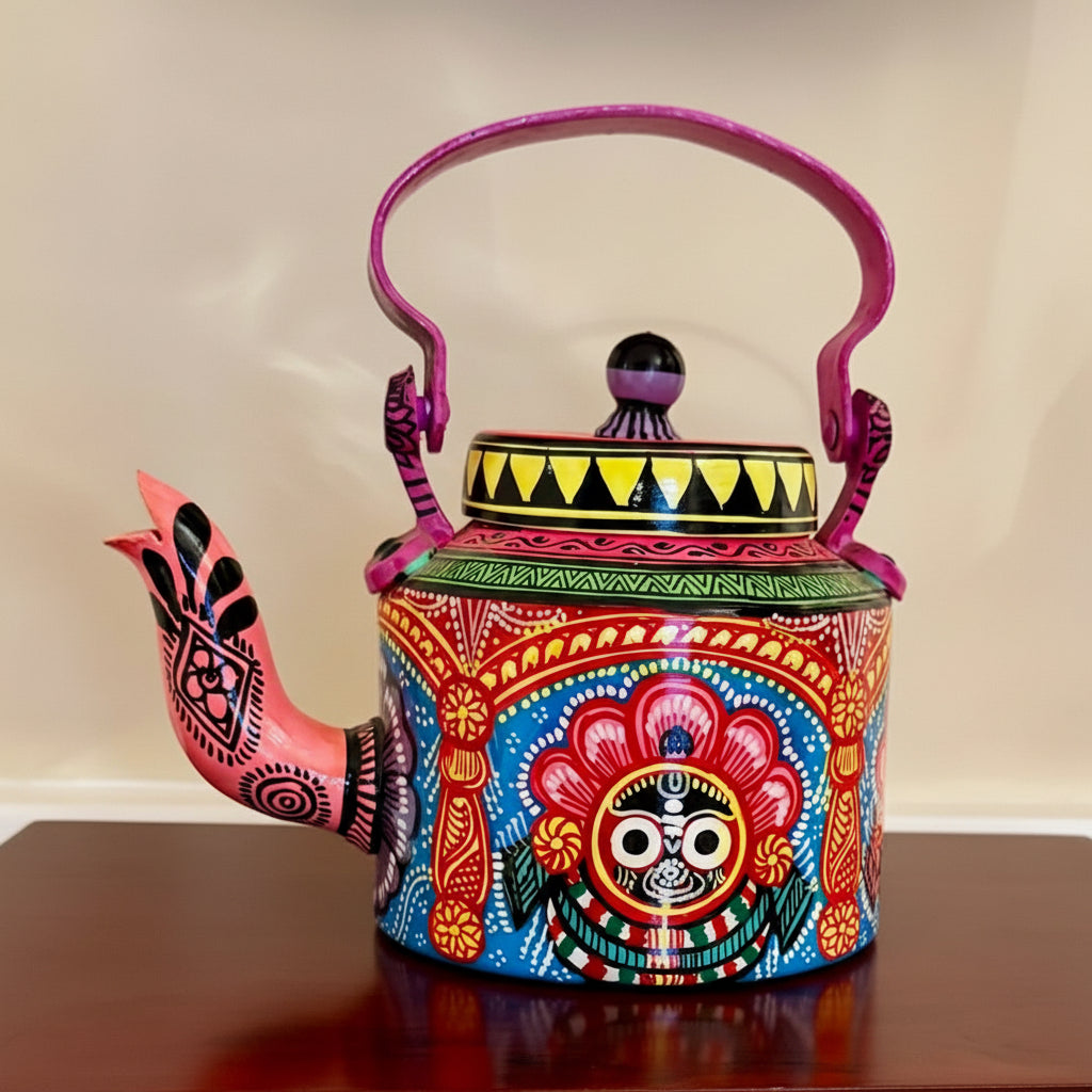 Colorful teapot with intricate designs on a wooden surface