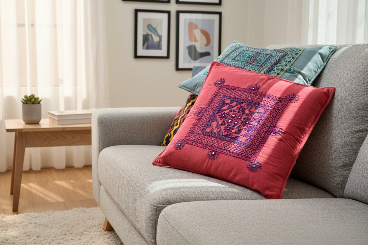 Decorative Lambani work embroidery cushion covers on a gray sofa in a living room setting