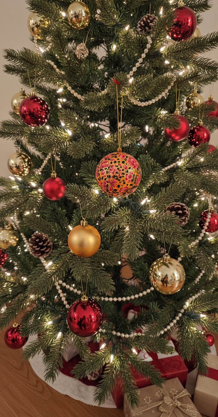 Decorative spherical ornament with floral pattern hanging against a neutral background
