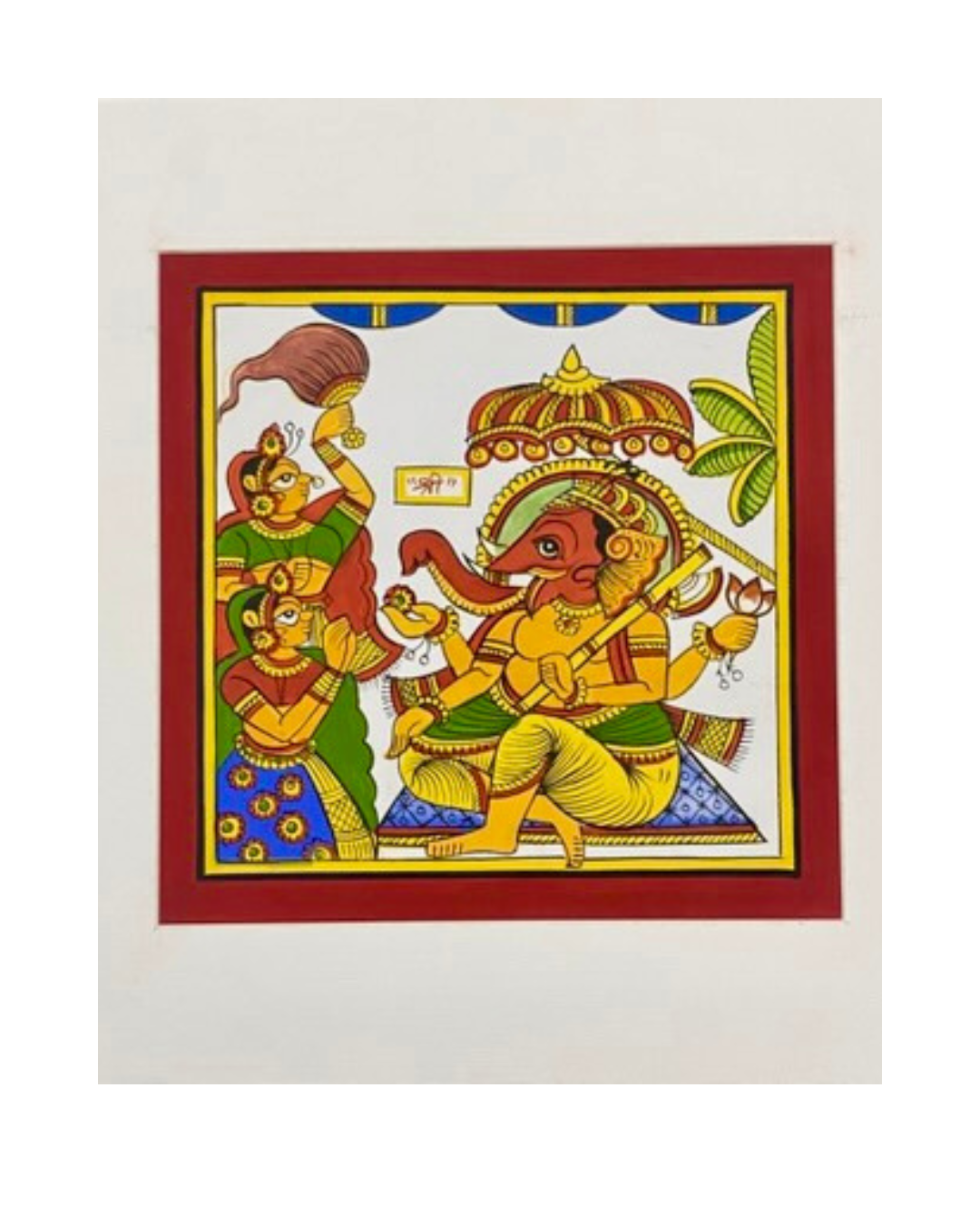 Colorful artwork of deities in a red frame on a white background