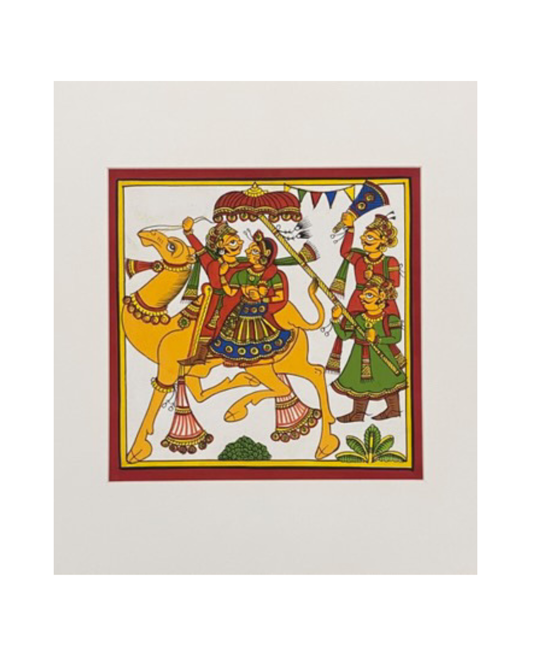 Colorful artwork of a traditional scene with people on a horse, framed in red.