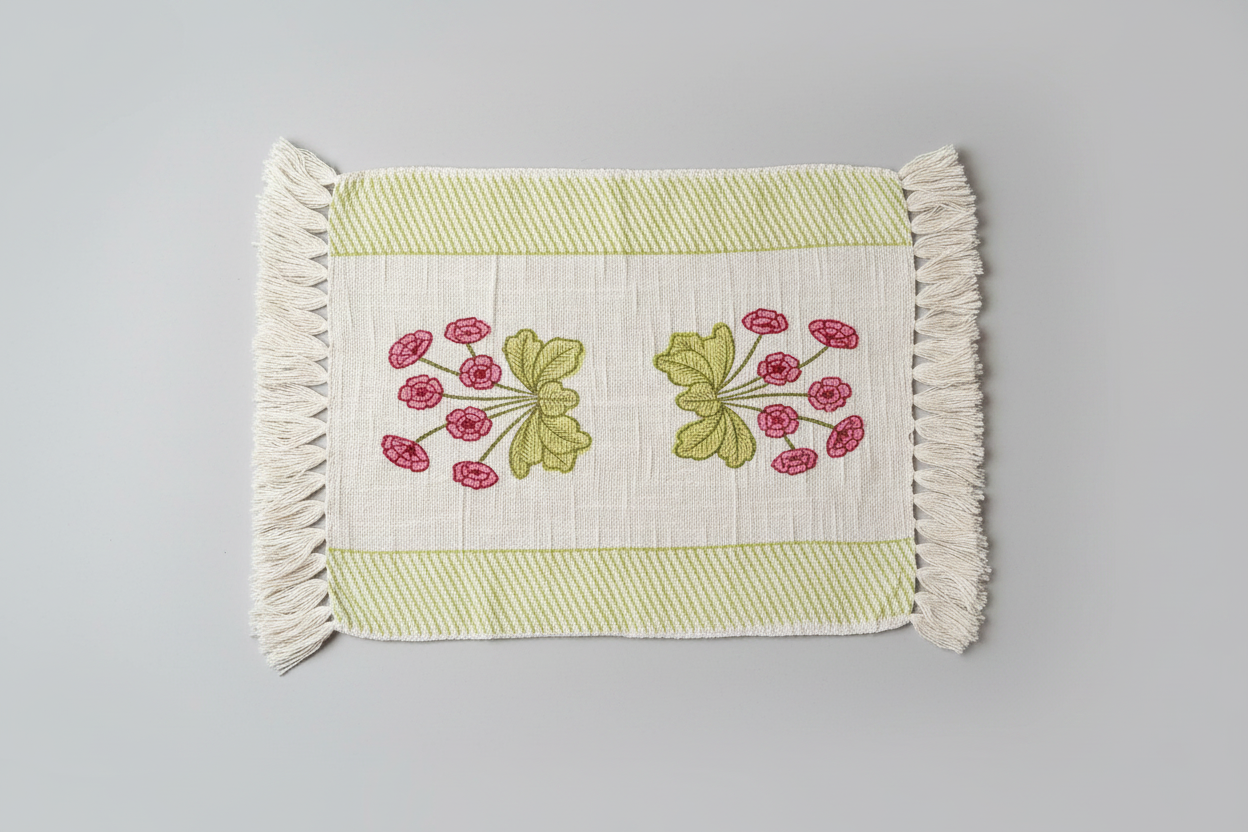 Hand block printed placemat with floral design on a gray background