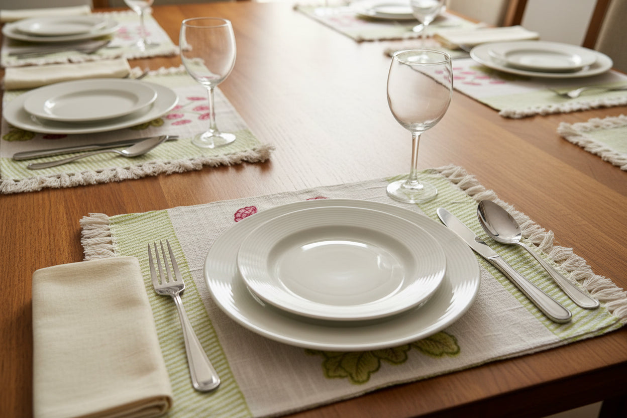 Dining table set with plates, glasses, and cutlery on pink and green hand block printed placemats on a wooden table.