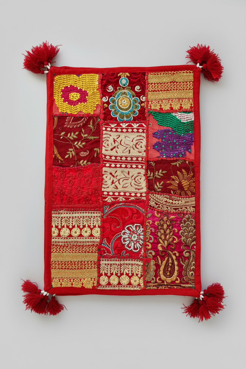 Decorative red Khambhadia patchwork placemats with intricate patterns and tassels on a white background