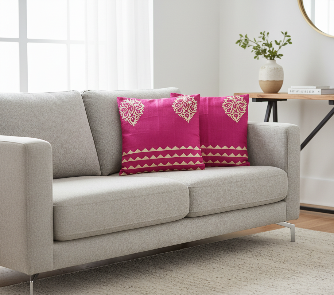 Gray sofa with pink decorative pillows in a modern living room.