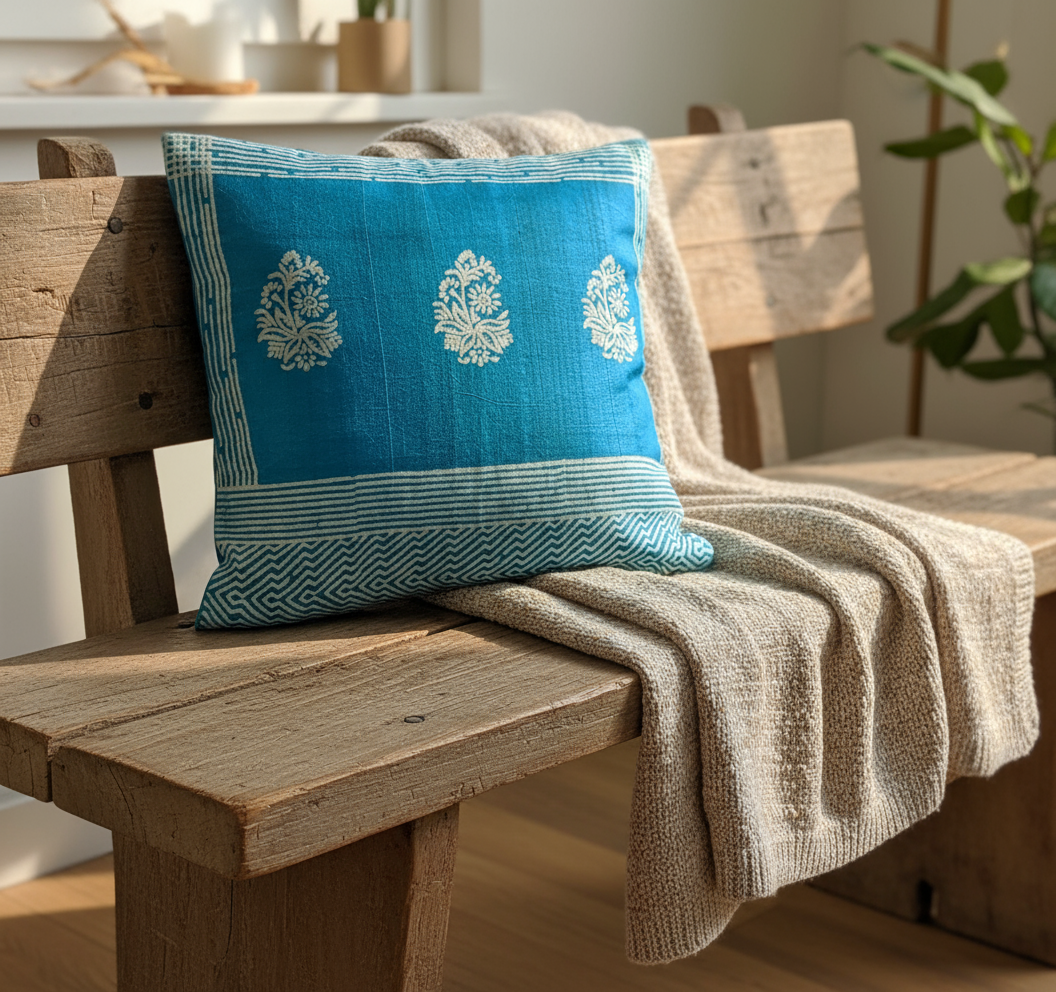 Blue pillow with white patterns on a wooden bench in a home setting