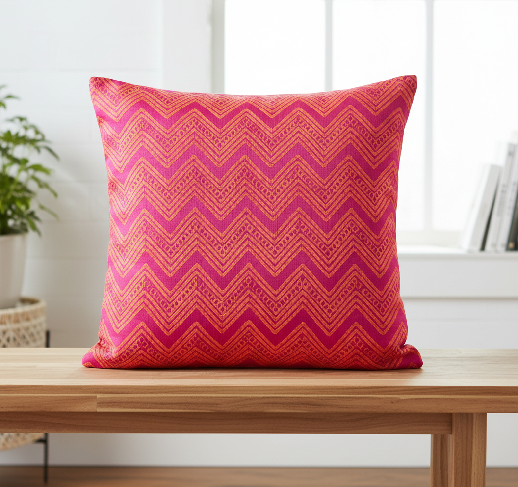 Pink and orange patterned pillow on a wooden table with a blurred indoor background