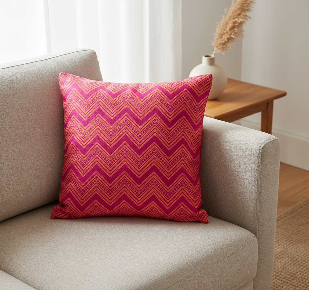 Pink and orange chevron patterned pillow on a beige sofa with a blurred background