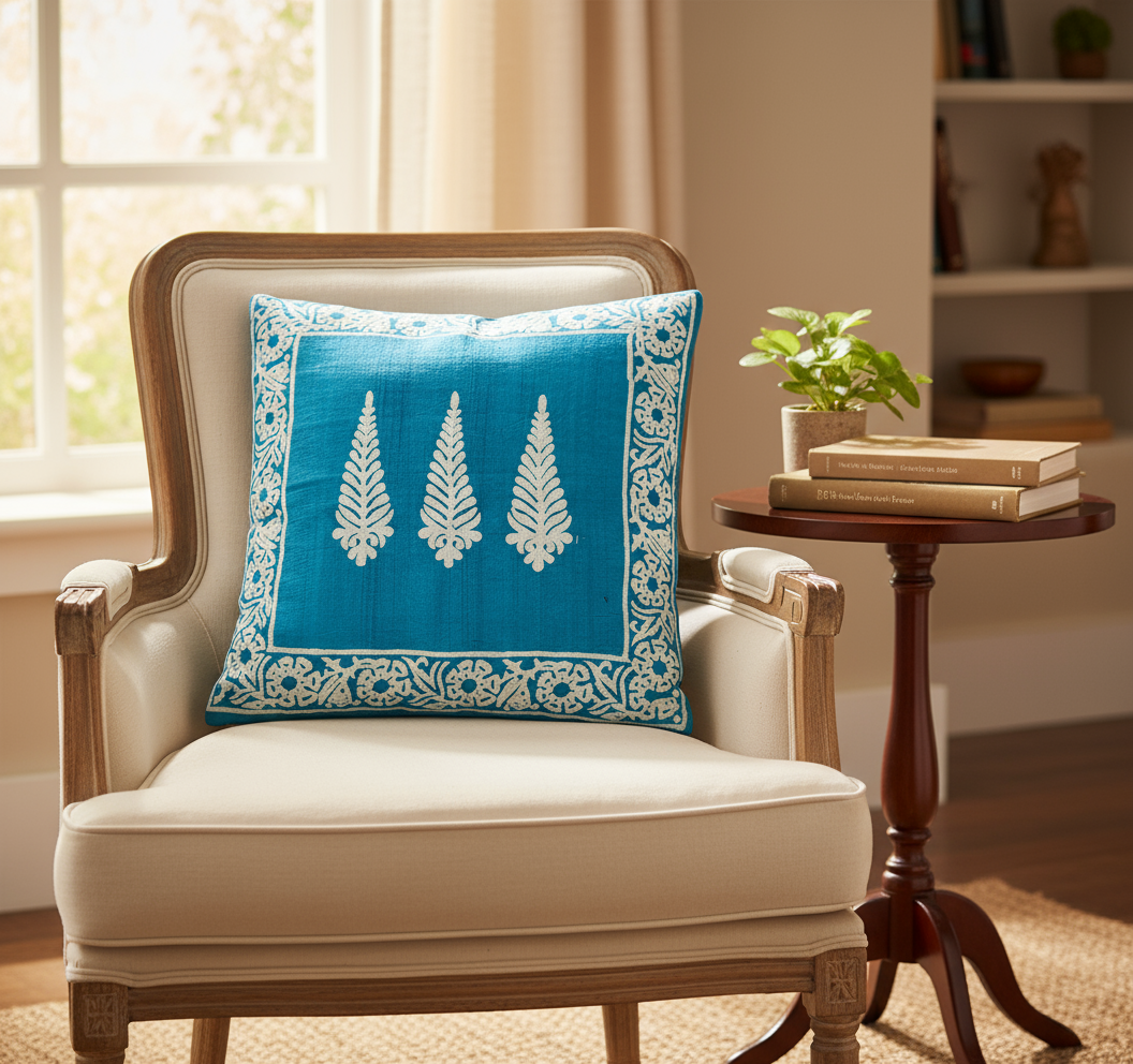 Decorative pillow with leaf pattern on a beige armchair in a room with a window and side table.